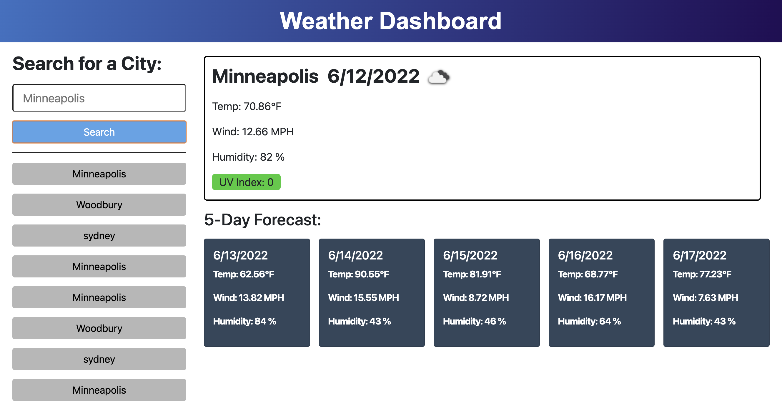 Weather Dashboard main page.